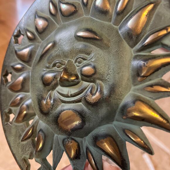 90s vintage partylite celestial sun metal brass green patina candle wall sconce - Picture 8 of 8